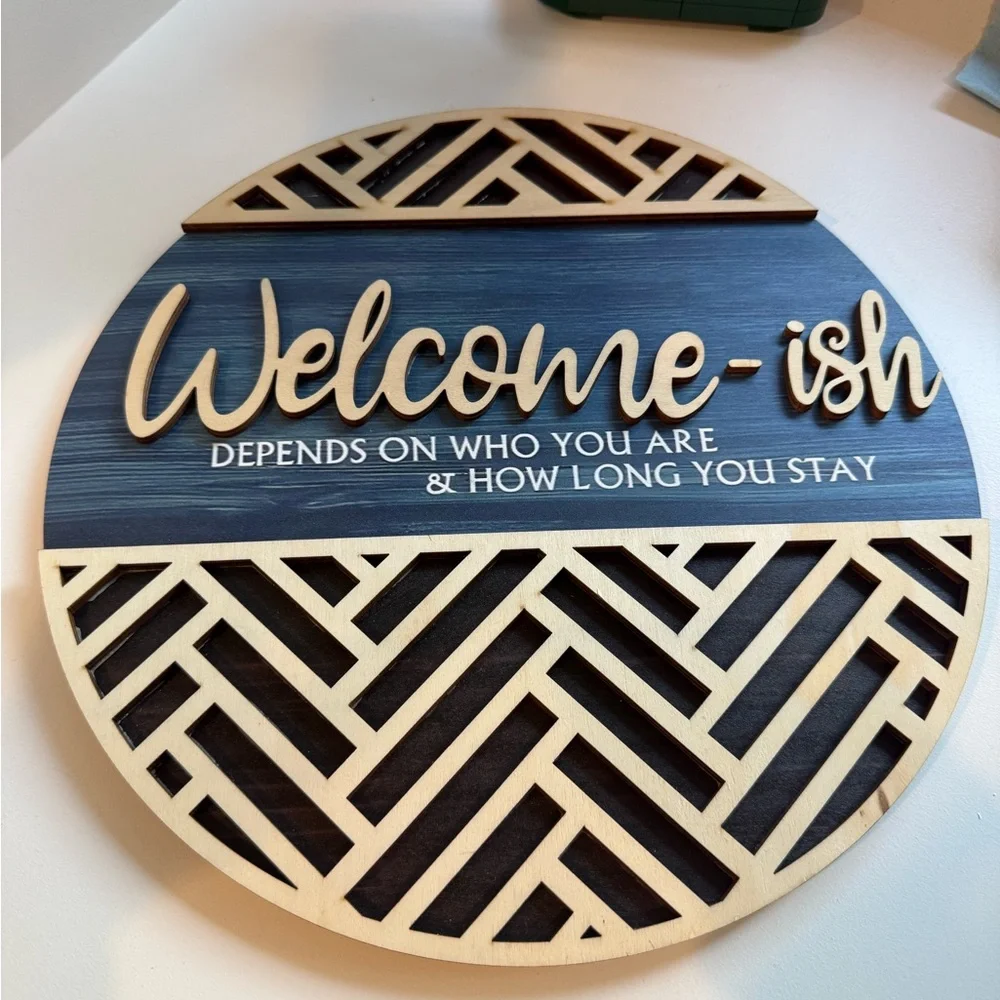 Wooden Welcome Sign‎ with Geometric Design